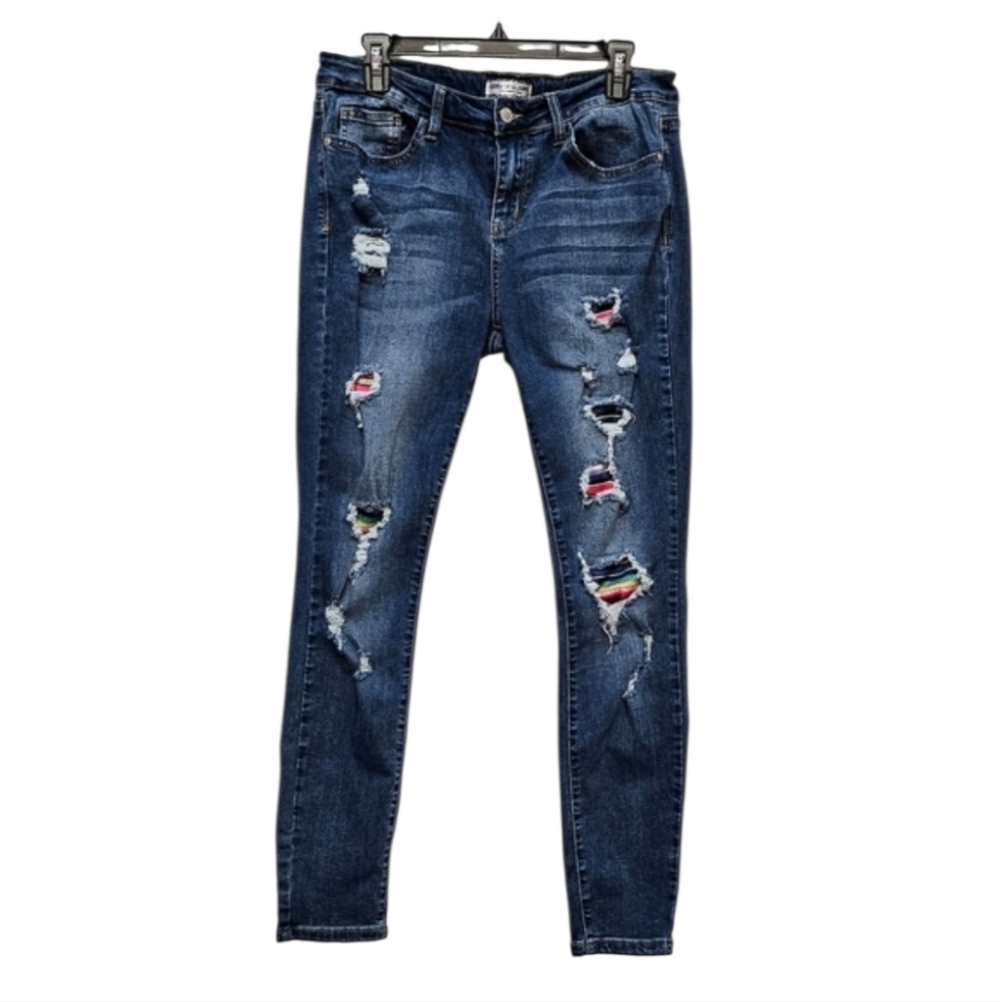 Judy Blue Skinny Fit Distressed Cut Out Stripped Patch Blue Denim Jeans Size 13
